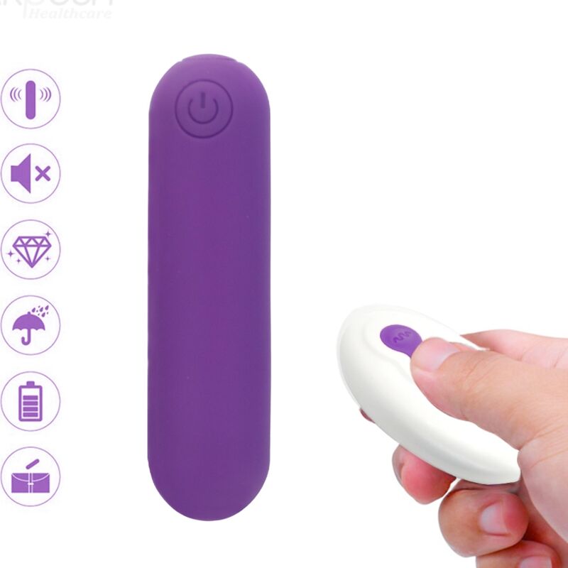 Close-up do ARMONY Vibrador Bala Joline em silicone roxo com controle remoto, destacando sua forma compacta.