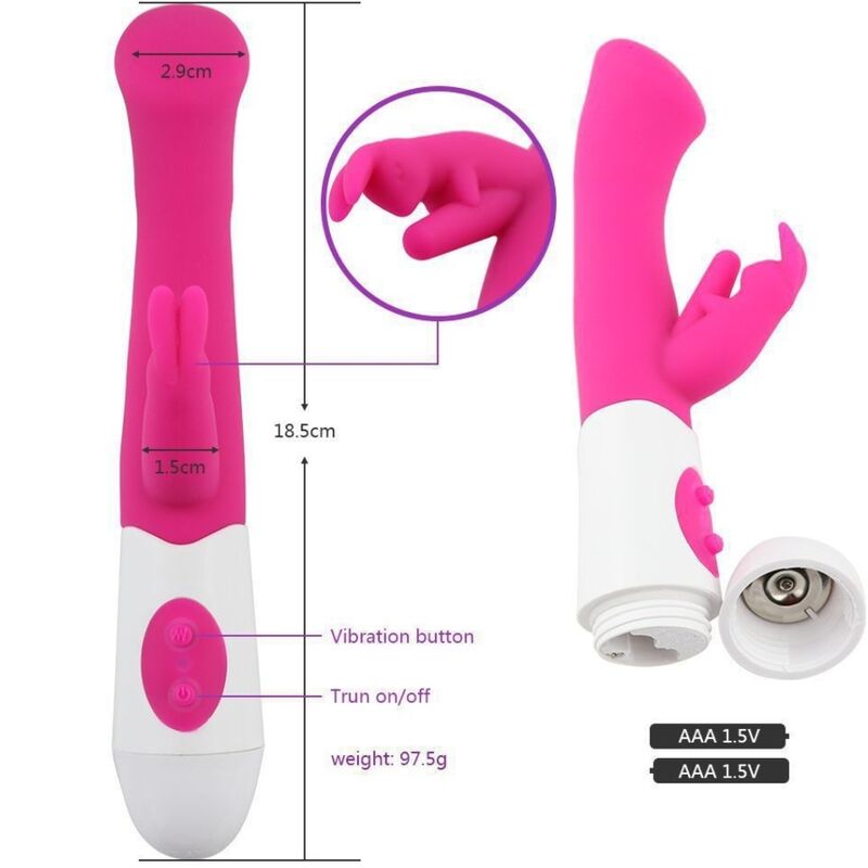 Close-up do Vibrador e Estimulador Coelho Armony Rosa, mostrando a forma ergonómica e as texturas do silicone.