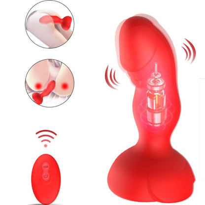 Close-up of the ARMONY Vibrador e Plug Anal com Controle Remoto, showing its rose-red silicone and design.