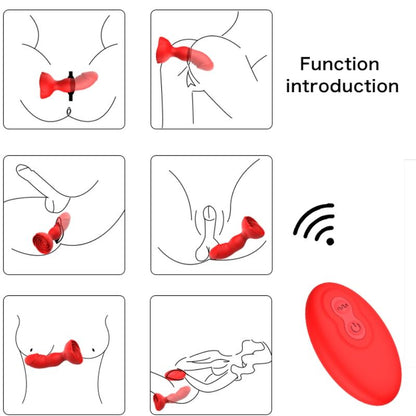 Close-up of the ARMONY Vibrador e Plug Anal com Controle Remoto, showing its rose-red silicone and design.