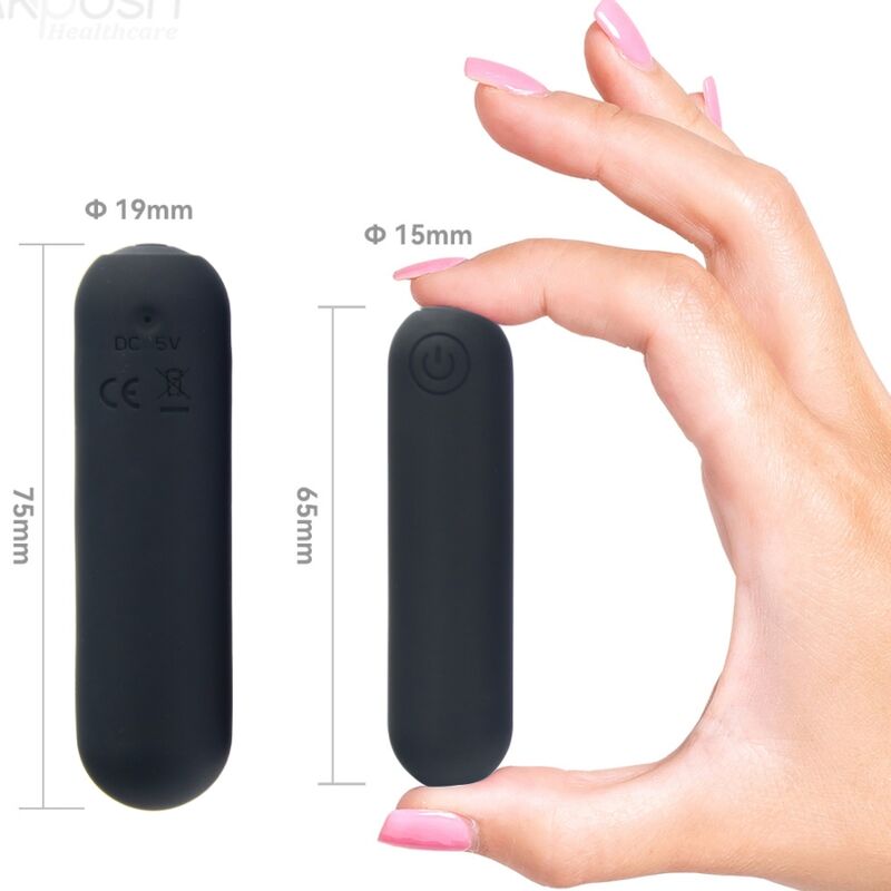 Close-up of the ARMONY Vibrador Bala Silicone 10 Vibrações USB, showing its sleek black design and compact size.