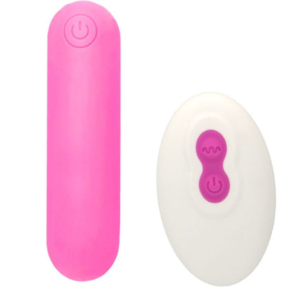 Close-up of the ARMONY Splash Joline bullet vibrator in pink silicone with its remote control, highlighting its compact design.