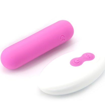 Close-up of the ARMONY Splash Joline bullet vibrator in pink silicone with its remote control, highlighting its compact design.