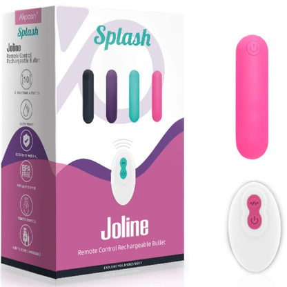 Close-up of the ARMONY Splash Joline bullet vibrator in pink silicone with its remote control, highlighting its compact design.