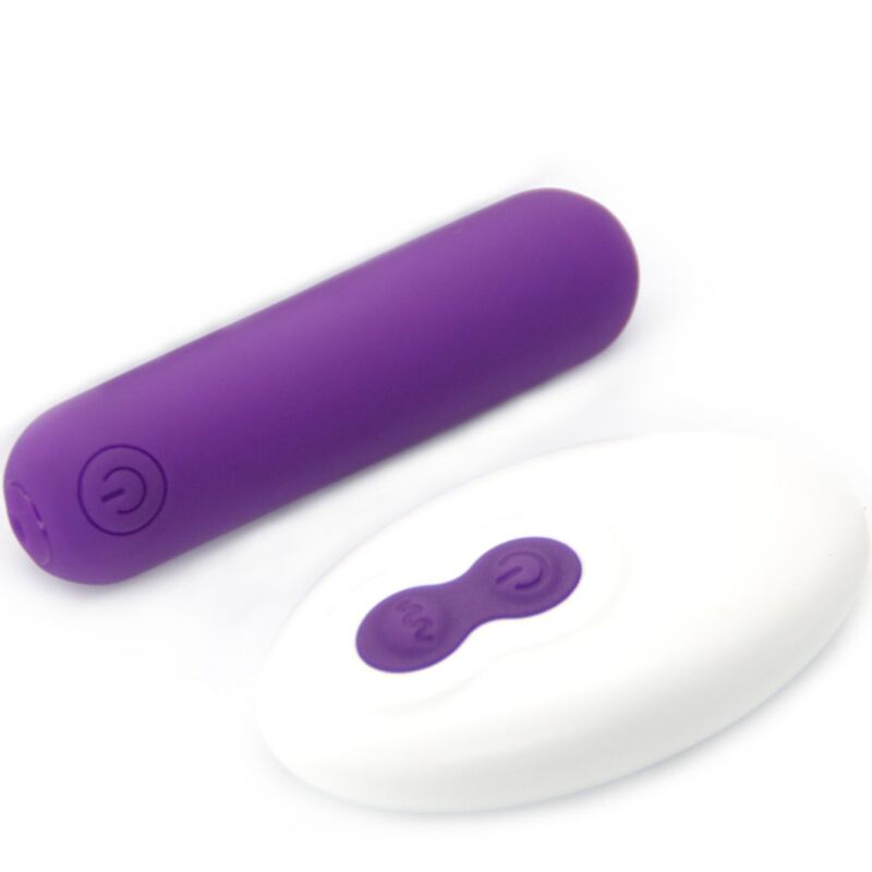 Close-up do ARMONY Vibrador Bala Joline em silicone roxo com controle remoto, destacando sua forma compacta.