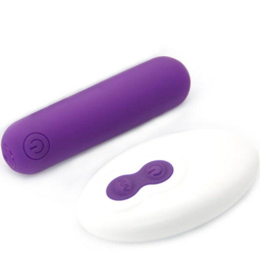 Close-up do ARMONY Vibrador Bala Joline em silicone roxo com controle remoto, destacando sua forma compacta.