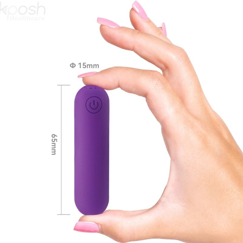 Close-up do ARMONY Vibrador Bala Joline em silicone roxo com controle remoto, destacando sua forma compacta.