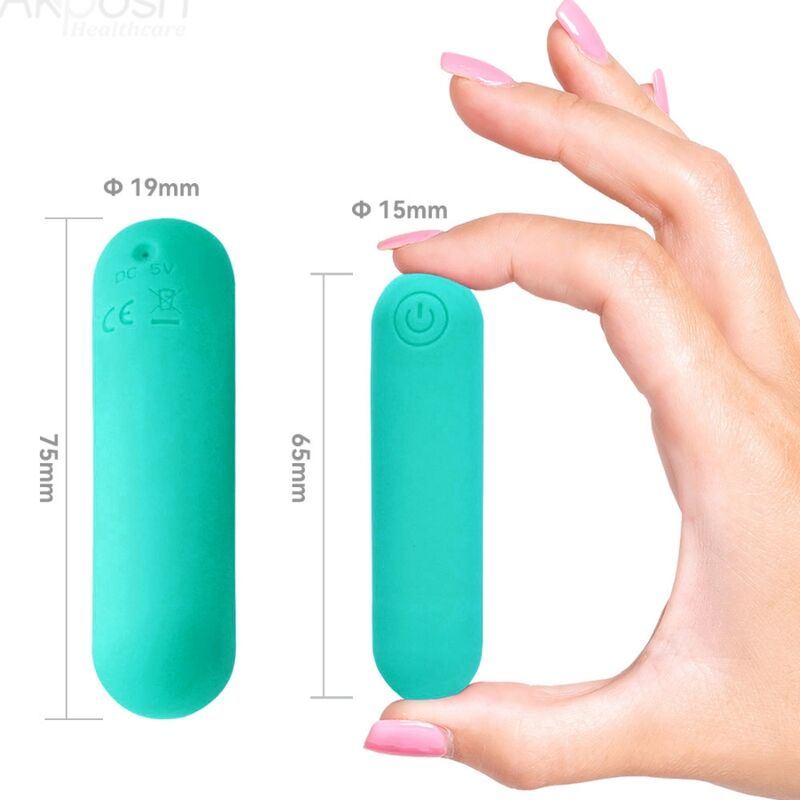 Close-up do Vibrador Bala ARMONY Silicone 10 Vibrações Verde, mostrando seu design suave e compacto.