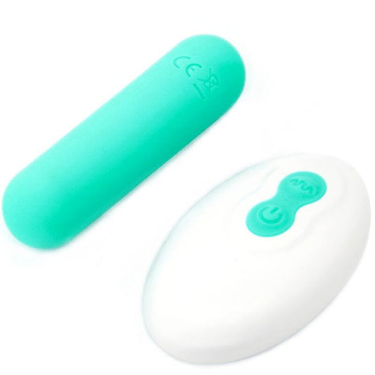 Close-up do ARMONY Vibrador Bullet Joline de Silicone com Controle Remoto Verde, mostrando seu design compacto e textura suave.