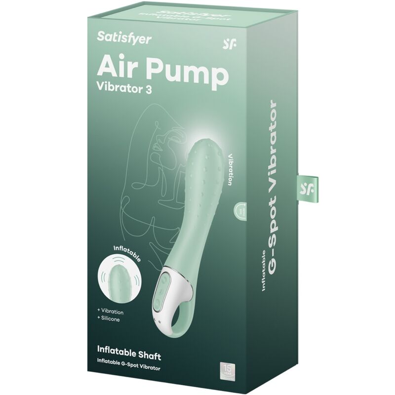 Close-up do vibrador Satisfyer Air Pump 3 Ponto G inflável na cor menta, mostrando seu design ergonómico e ponta expansível.