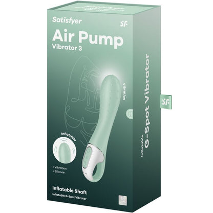 Close-up do vibrador Satisfyer Air Pump 3 Ponto G inflável na cor menta, mostrando seu design ergonómico e ponta expansível.