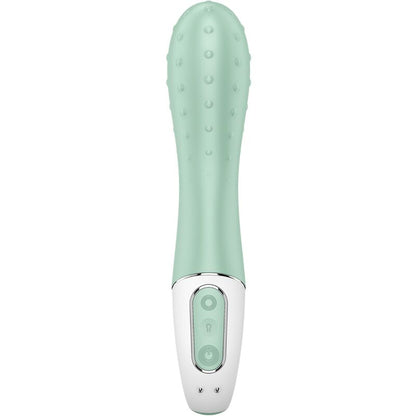 Close-up do vibrador Satisfyer Air Pump 3 Ponto G inflável na cor menta, mostrando seu design ergonómico e ponta expansível.