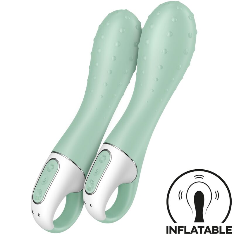 Close-up do vibrador Satisfyer Air Pump 3 Ponto G inflável na cor menta, mostrando seu design ergonómico e ponta expansível.