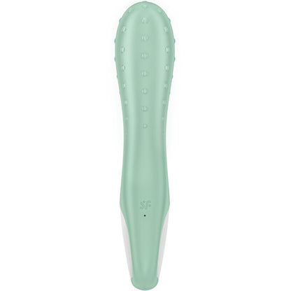 Close-up do vibrador Satisfyer Air Pump 3 Ponto G inflável na cor menta, mostrando seu design ergonómico e ponta expansível.