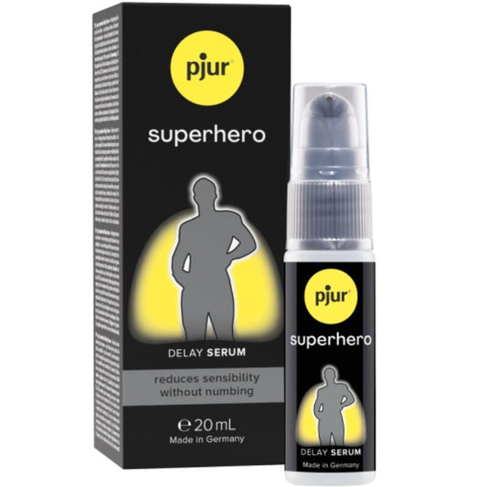 Close-up do PJUR Superhero Soro Retardante Concentrado 20 ML, mostrando a embalagem do produto.
