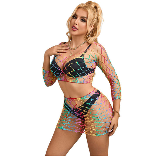 Conjunto Lingerie 2 Peças Subblime | Fishnet Arco-Íris de Manga Comprida - Tamanho Único