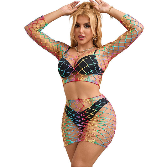 Conjunto Lingerie 2 Peças Subblime | Fishnet Arco-Íris de Manga Comprida - Tamanho Único