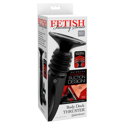 FETISH FANTASY SERIES Body Dock Thruster Dildo Clamp com 7 modos de empurrar, preto, e detalhes da base de sucção.