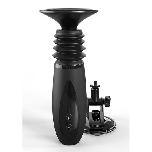 FETISH FANTASY SERIES Body Dock Thruster Dildo Clamp com 7 modos de empurrar, preto, e detalhes da base de sucção.