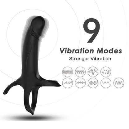 ARMONY Anel Peniano Vibratório Duplo - 9 Modos Recarregável USB Preto, mostrando seu design ergonómico e acabamento em silicone.