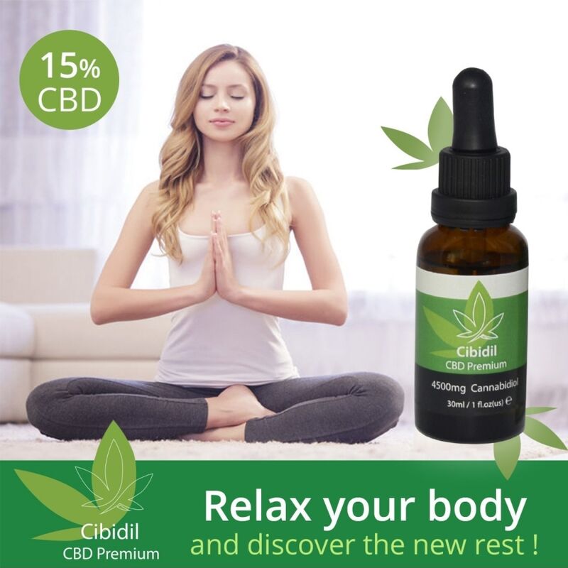 Frasco de Óleo Relaxante CBD 15% 500 COSMETICS Cibidil para alívio do stress e bem-estar.