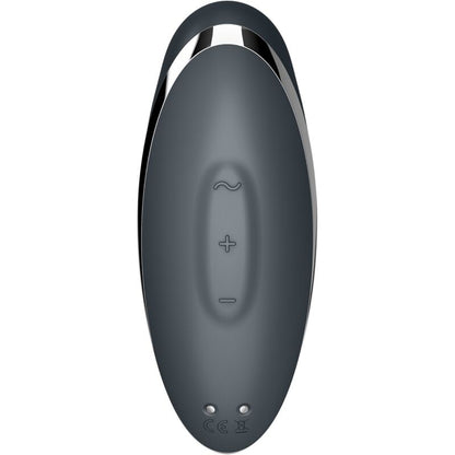 Satisfyer Tap & Climax 2 Vibrador e Estimulador Cinza em silicone macio, com detalhes dos botões e formato ergonómico.