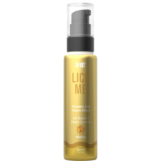 Embalagem do INTT Gel Comestível Lick Me Honey com Efeito Calor, mostrando o design do produto e o sabor a mel.