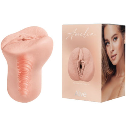 Close-up do Masturbador Masculino ALIVE Flex Vaginal Realista M, mostrando sua textura e abertura.