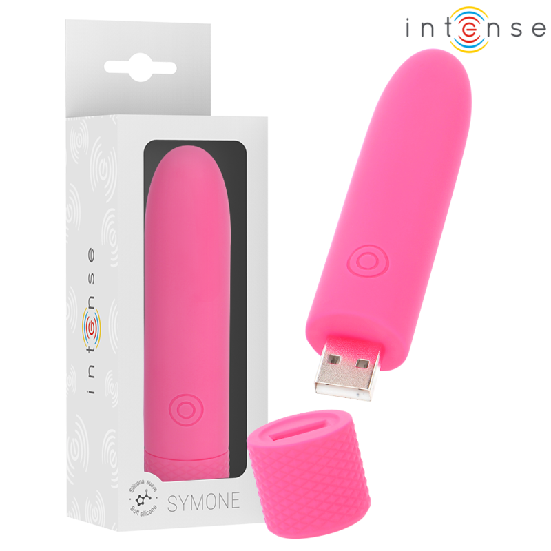 Bala vibratória INTENSE Symone rosa recarregável USB com 8 modos de vibração e 10cm de comprimento.