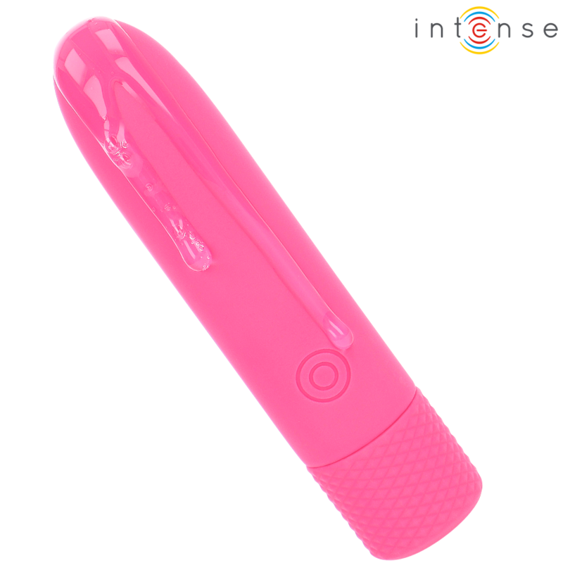 Bala vibratória INTENSE Symone rosa recarregável USB com 8 modos de vibração e 10cm de comprimento.