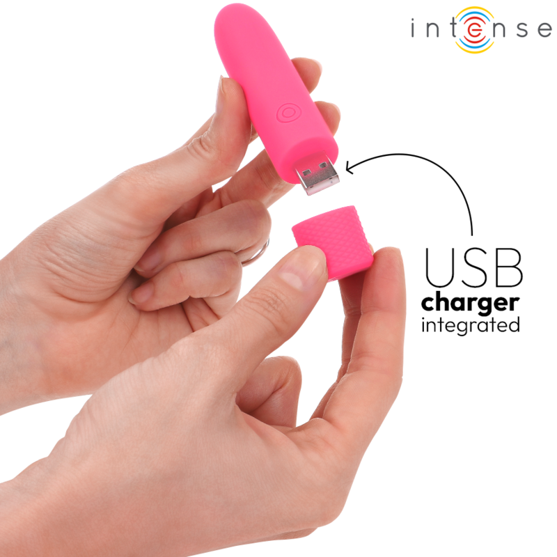 Bala vibratória INTENSE Symone rosa recarregável USB com 8 modos de vibração e 10cm de comprimento.