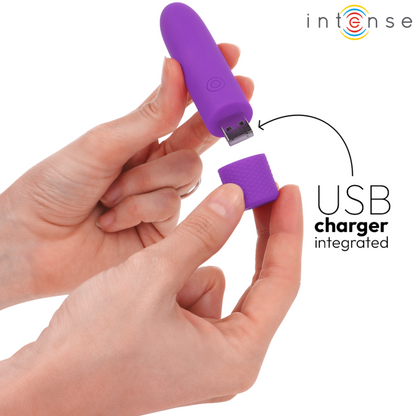 Close-up da Bala Vibratória INTENSE SYMONE USB Recarregável Roxo mostrando suas 8 vibrações e design compacto.
