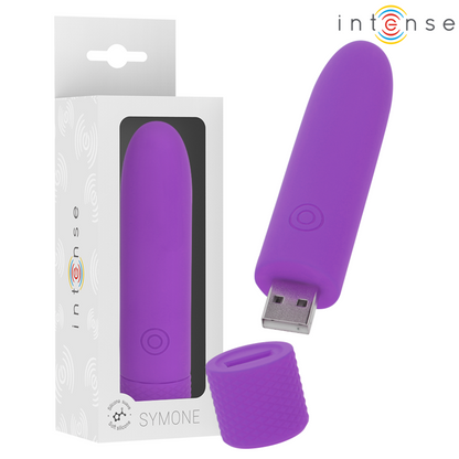 Close-up da Bala Vibratória INTENSE SYMONE USB Recarregável Roxo mostrando suas 8 vibrações e design compacto.