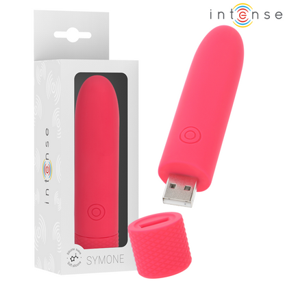 Bala vibratória INTENSE Symone USB recarregável vermelha, com design compacto e superfície de silicone.