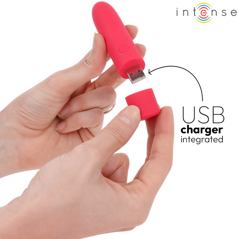 Bala vibratória INTENSE Symone USB recarregável vermelha, com design compacto e superfície de silicone.