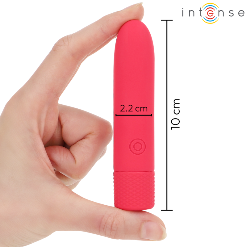 Bala vibratória INTENSE Symone USB recarregável vermelha, com design compacto e superfície de silicone.