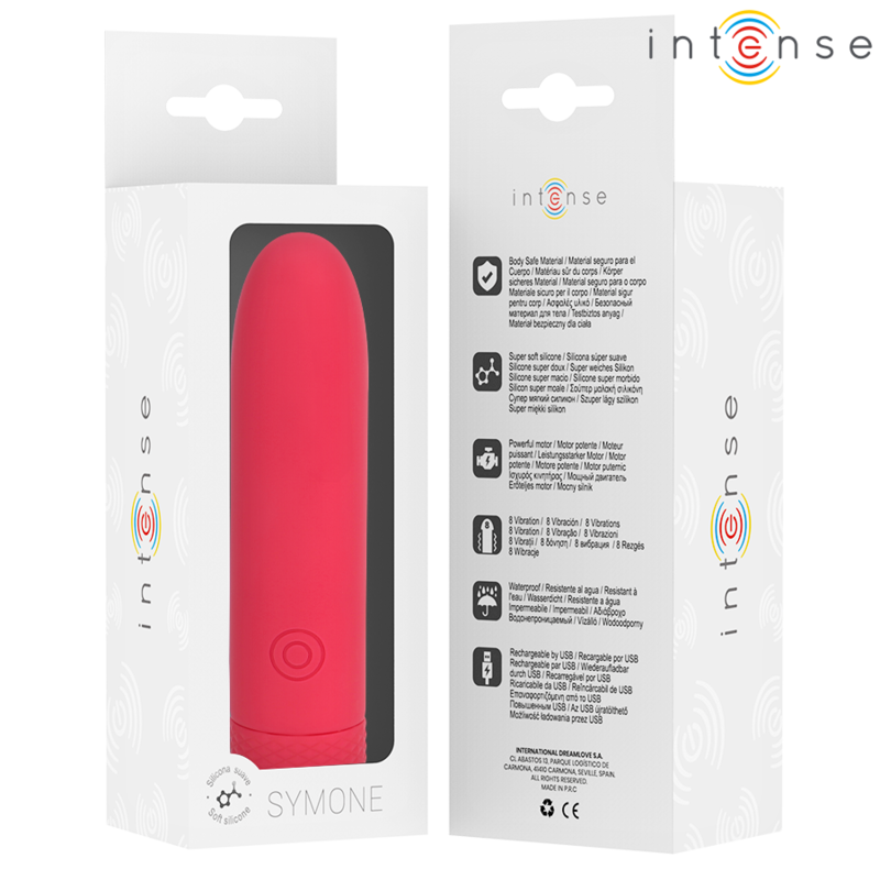 Bala vibratória INTENSE Symone USB recarregável vermelha, com design compacto e superfície de silicone.