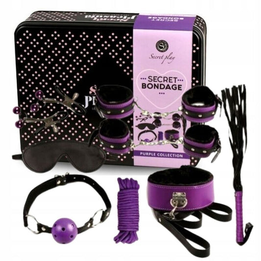 SECRETPLAY BDSM Set 8 Peças Roxo/Preto, mostrando todos os acessórios de bondage.