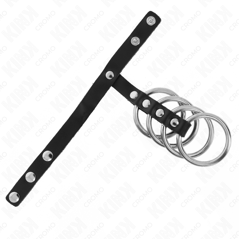 KINK 4 Anéis de Metal 3.8cm com Tira de Couro 22x1.5cm e Fecho para BDSM, detalhe