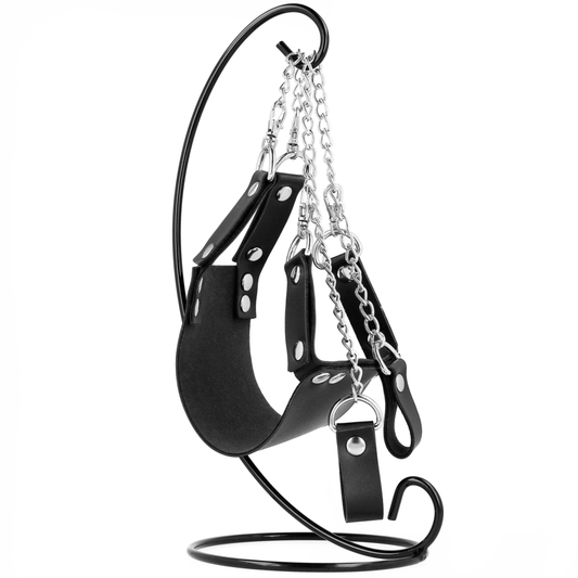 Close-up do Balanço BDSM FETISH SUBMISSIVE para ursinho de pelúcia, mostrando detalhes em metal e assento acolchoado.