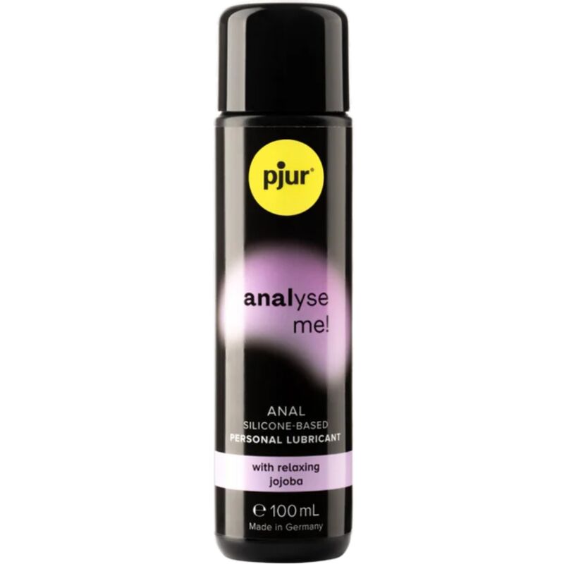 Frasco de PJUR Gel Relaxante Anal Analyze Me de Silicone Jojoba 100 ML, mostrando a embalagem e o produto.