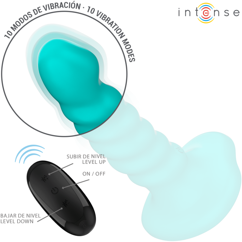 Close-up of the INTENSE Vibrador Buffy Tamanho P with Spiral Design and Remote Control, in blue.