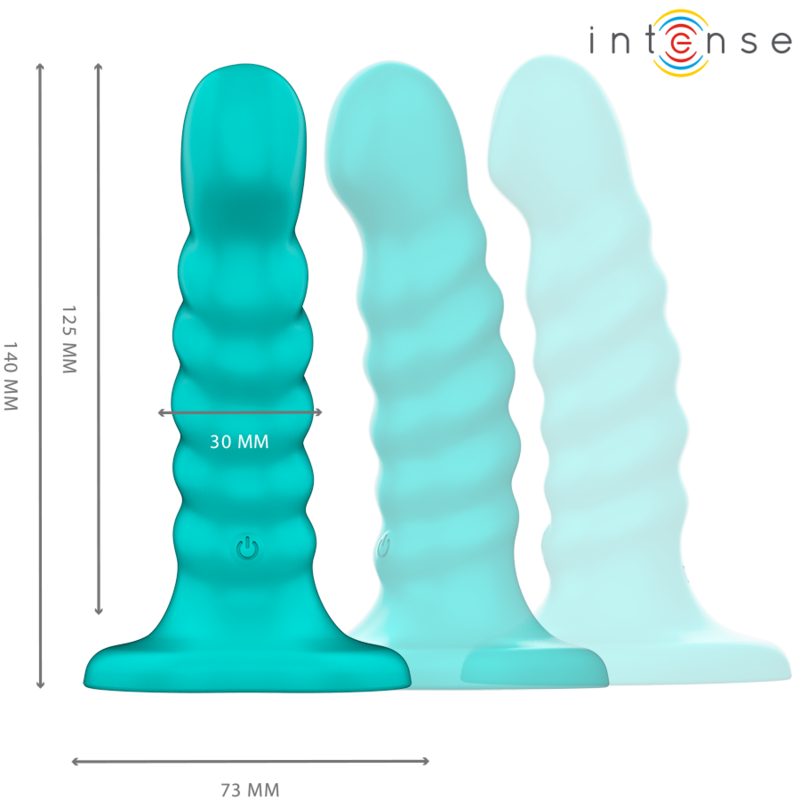 Close-up of the INTENSE Vibrador Buffy Tamanho P with Spiral Design and Remote Control, in blue.