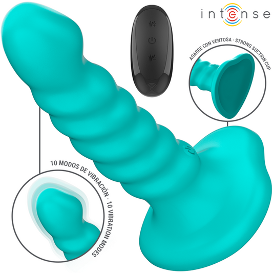 Close-up of the INTENSE Vibrador Buffy Tamanho P with Spiral Design and Remote Control, in blue.