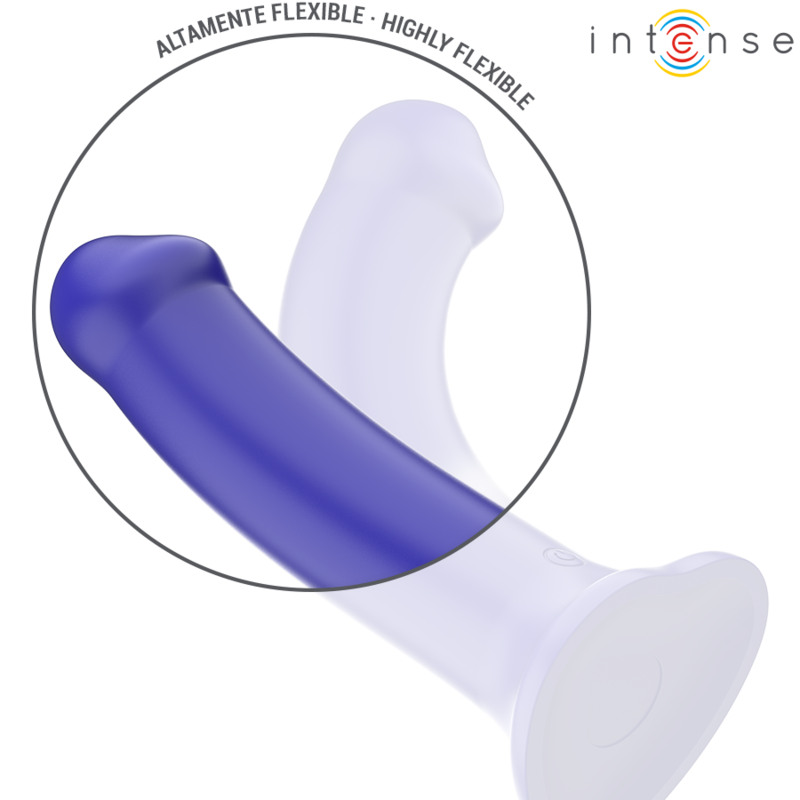 Close-up do Vibrador Intense Victoria azul escuro com ventosa e controle remoto, exibindo o design ergonômico e material de silicone macio.