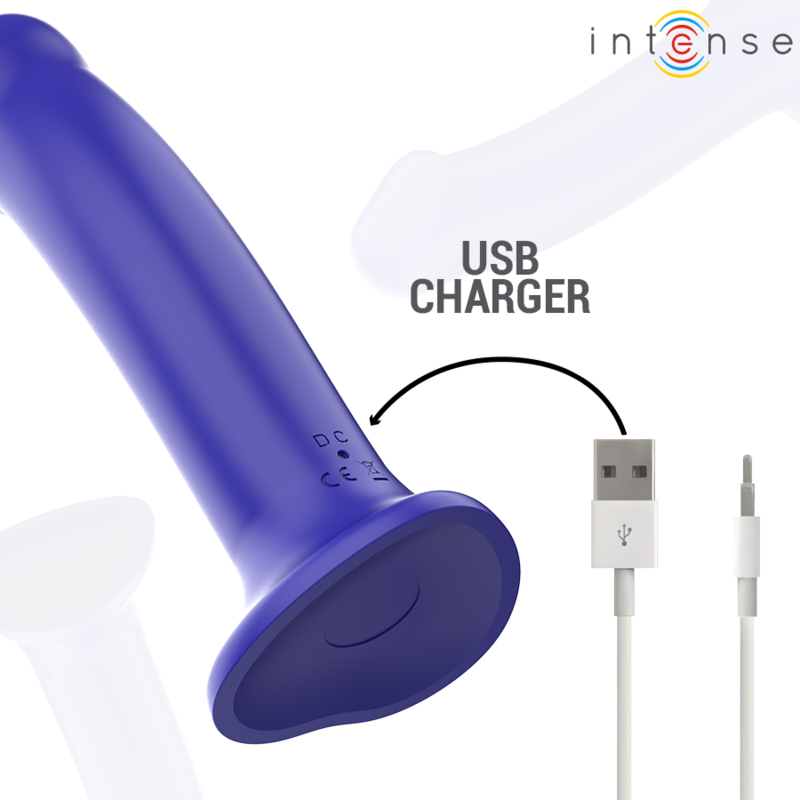 Close-up do Vibrador Intense Victoria azul escuro com ventosa e controle remoto, exibindo o design ergonômico e material de silicone macio.