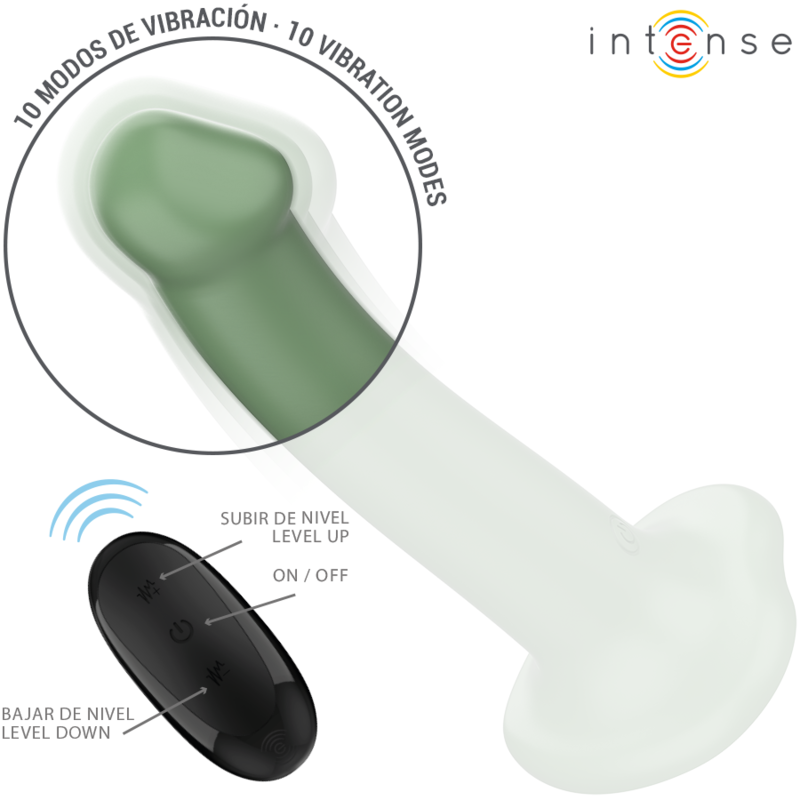 Vibrador INTENSE Becca verde com ventosa e controle remoto, exibindo seu design ergonômico.
