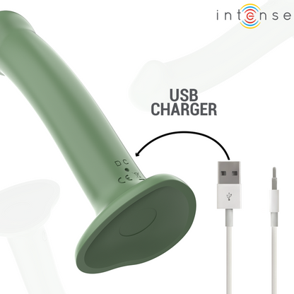 Vibrador INTENSE Becca verde com ventosa e controle remoto, exibindo seu design ergonômico.