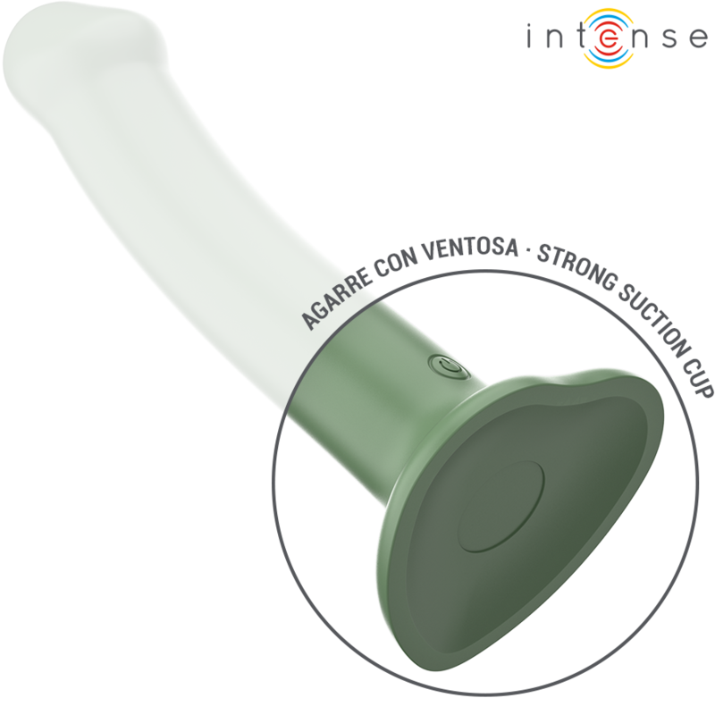 Vibrador INTENSE Becca verde com ventosa e controle remoto, exibindo seu design ergonômico.