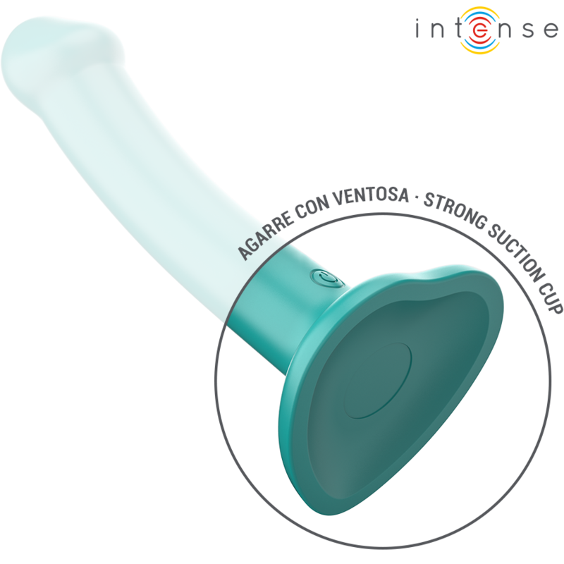 INTENSE Vibrador Katie com Ventosa e Controlo Remoto em azul, mostrando seu design ergonómico e material de silicone.